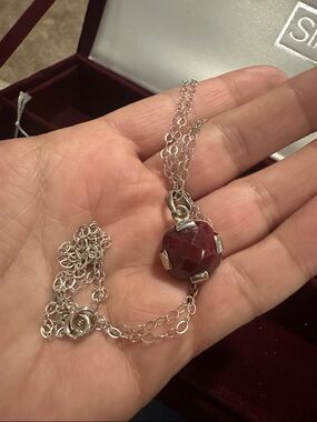 Sterling Silver Necklace with Faceted Deep Red Stone
